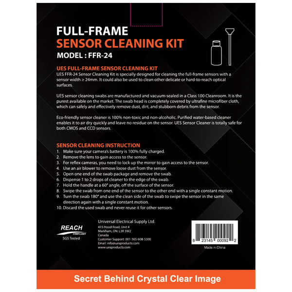 Kit de nettoyage pour capteur plein format UES FFR-24 (14 tampons de nettoyage pour capteur 24 mm + 15 ml de nettoyant pour capteur)
